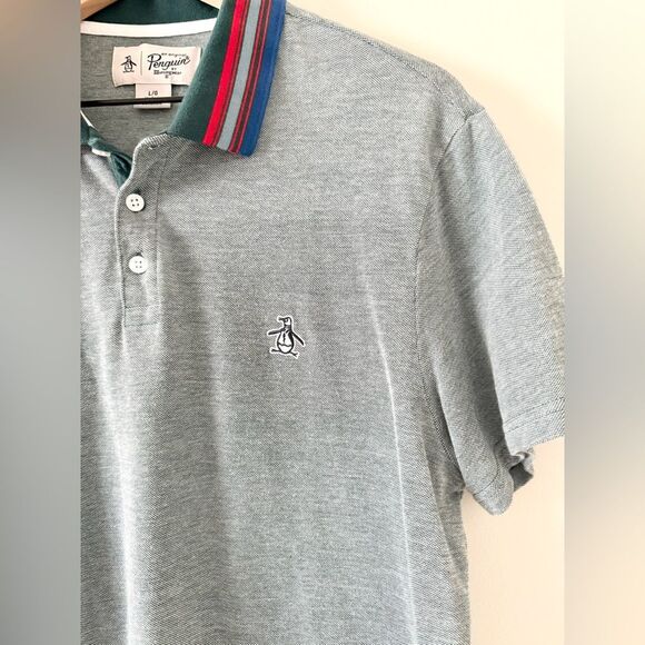 Original Penguin Striped Collar Short Sleeve Polo in Heathered Green - Size L - Picture 2 of 5